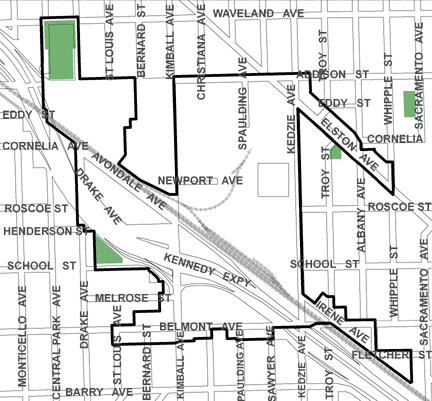Kennedy/Kimball TIF district, roughly bounded on the north by Waveland Avenue, Barry Avenue on the south, Whipple Street on the east, and Central Park Avenue on the west.